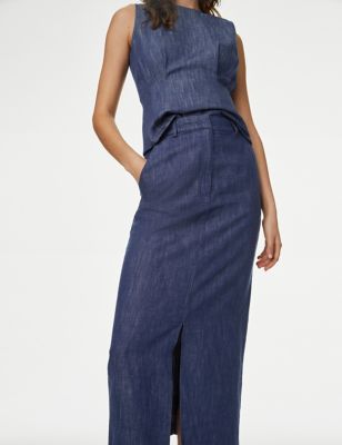 

Womens M&S Collection Linen Blend Split Front Maxi Column Skirt - Blue Mix, Blue Mix