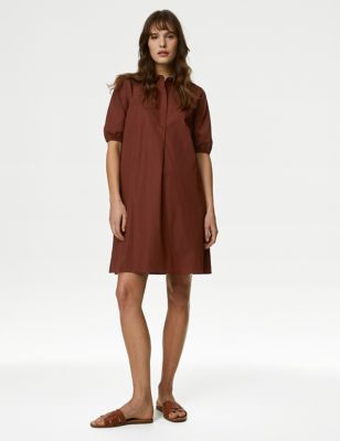 

Womens M&S Collection Pure Cotton Puff Sleeve Mini Swing Dress - Conker, Conker