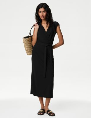 

Womens M&S Collection Jersey Collared V-Neck Midi Wrap Dress - Black, Black