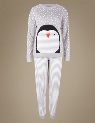 Fleece Penguin Print Long Sleeve Pyjamas