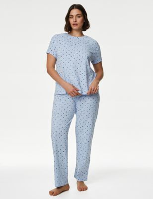 

Womens M&S Collection Pure Cotton Spot Print Pyjama Set - Ice Blue, Ice Blue