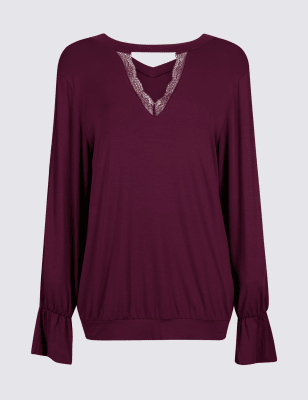 Lace Neck Flared Sleeve Pyjama Top