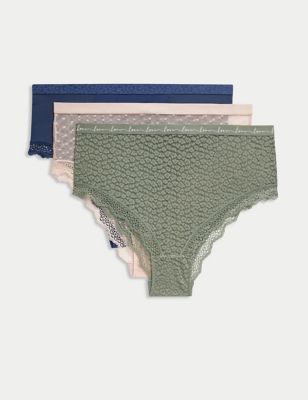

Womens M&S Collection 3pk Lace & Mesh High Waisted Brazilian Knickers - Dusty Green, Dusty Green