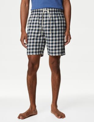 

Mens M&S Collection Pure Cotton Checked Loungewear Shorts - Ivory Mix, Ivory Mix
