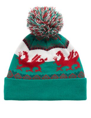 

Mens M&S Collection Men's Welsh Dragon Bobble Beanie Hat - Red Mix, Red Mix