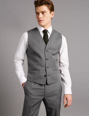 Grey Textured Tailored Fit Wool Waistcoat