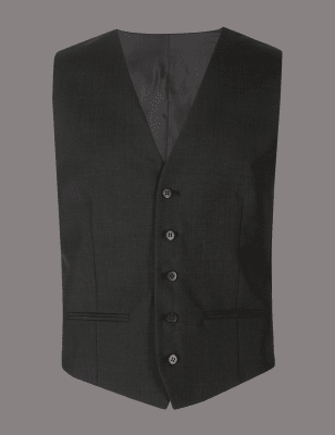 Charcoal Textured Tailored Fit Wool Waistcoat