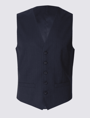 Navy Striped Regular Fit Wool Waistcoat