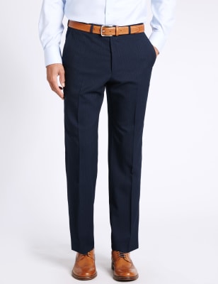 Navy Striped Regular Fit Wool Trousers