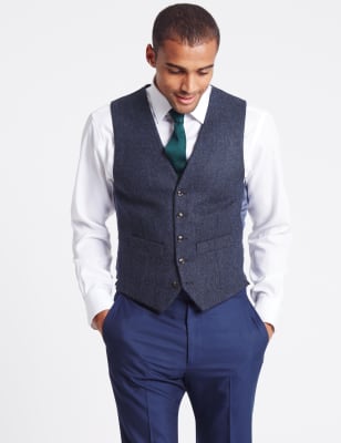 Pure New Wool Tailored Fit Herringbone 5 Button Waistcoat