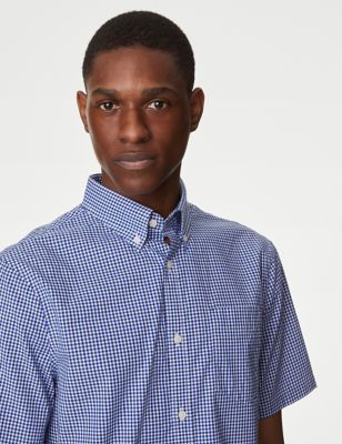 

Mens M&S Collection Easy Iron Cotton Stretch Gingham Check Oxford Shirt - Navy Mix, Navy Mix