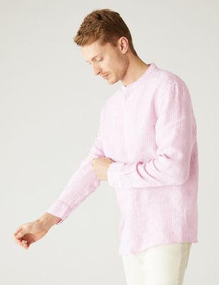 

Mens M&S Collection Pure Linen Striped Grandad Collar Shirt - Pink Mix, Pink Mix