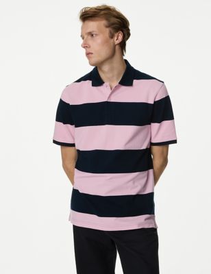 

Mens M&S Collection Pure Cotton Striped Pique Polo Shirt - Pink Mix, Pink Mix