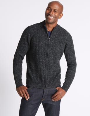 Wool Blend Cable Zipped Through Cardigan