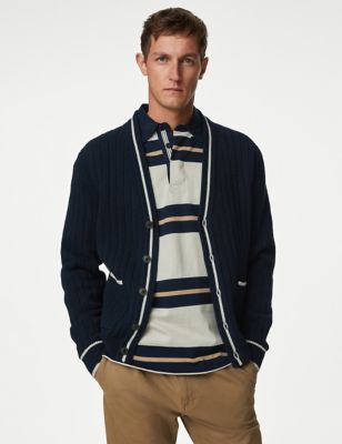 

Mens M&S Collection Cotton Blend Ribbed V-Neck Cardigan - Navy, Navy