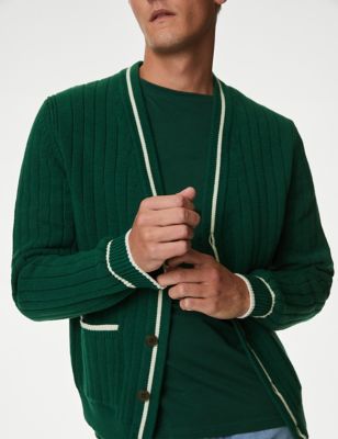 

Mens M&S Collection Cotton Blend Ribbed V-Neck Cardigan - Green, Green