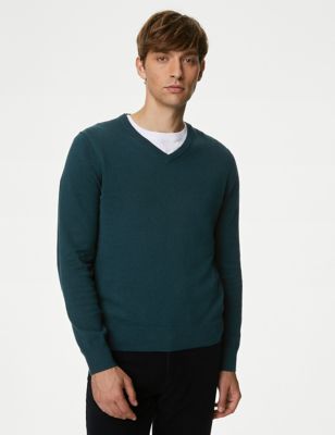 

Mens M&S Collection Pure Cotton V-Neck Knitted Jumper - Dark Teal, Dark Teal