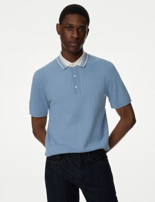 

Mens M&S Collection Cotton Rich Ribbed Knitted Polo Shirt - Slate Blue, Slate Blue
