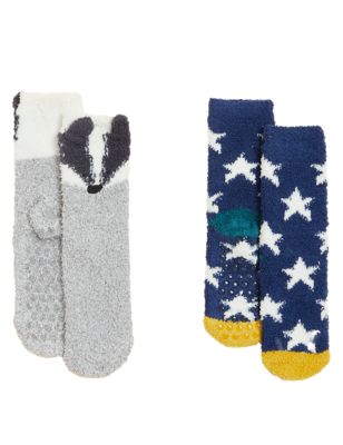 

Unisex,Boys,Girls M&S Collection 2pk Badger & Star Cosy Socks - Multi, Multi
