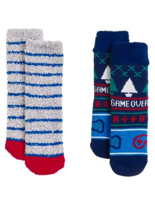 

Unisex,Boys,Girls M&S Collection 2pk Gaming & Striped Cosy Socks - Multi, Multi