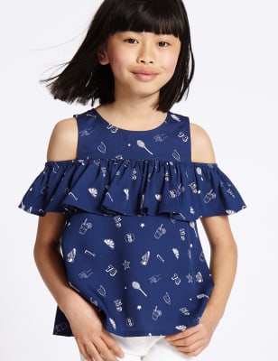 Printed Cut Out Shoulder Frill Top (3-14 Years)