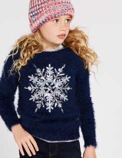 Snowflake Knitted Jumper (3-16 Years), DARK BLUE MIX, catlanding