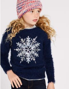 Snowflake Knitted Jumper (3-16 Years), DARK BLUE MIX, catlanding