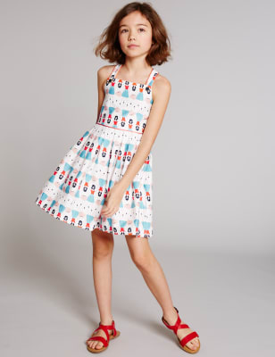 Cotton All Over Print Dress with Stretch (3-14 Years)