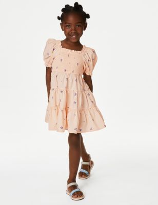 

Girls M&S Collection Pure Cotton Floral Shirred Tiered Dress (2-8 Yrs) - Light Peach, Light Peach