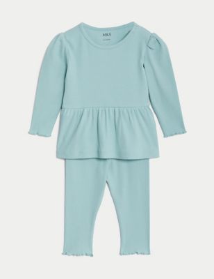 

Girls M&S Collection 2pc Cotton Rich Ribbed Top & Bottom Outfit (0-3 Yrs) - Light Teal, Light Teal