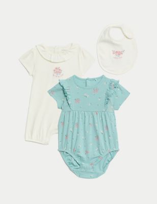 

Girls M&S Collection 3pc Cotton Rich Floral Romper Set (7lbs-12 Mths) - Teal Mix, Teal Mix