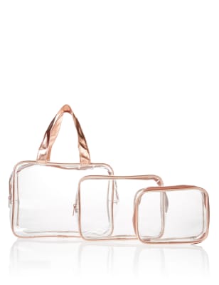 3 Piece Rose Gold Clear Cosmetic Bag Set