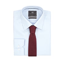 Red tie with pale blue shirt