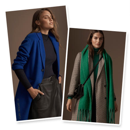 Model wears an electric-blue coat with the sleeves pushed up over a black long-sleeve top and black leather pencil skirt & Model wears a grey checked coat over a green roll-neck jumper with a green scarf and black cross-body bag