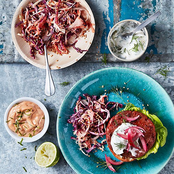 Plant Kitchen no-beef burger with miso coleslaw, dill and soya yoghurt and chipotle soya yoghurt