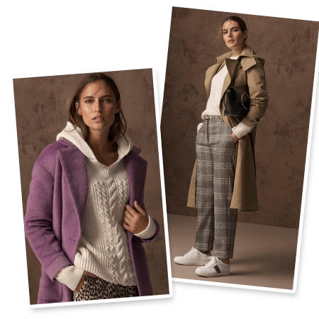 Model wears lilac coat over a cream chunky-knit hooded sweater and leopard-print trousers & Model wears a beige trench coat with a cream jumper, grey checked trousers and white trainers