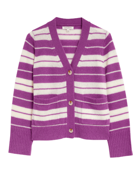 Purple striped cardigan. Shop now