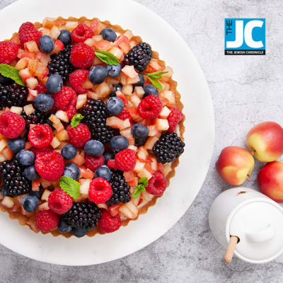 Caramelised apple and summer fruit shortcut custard tart