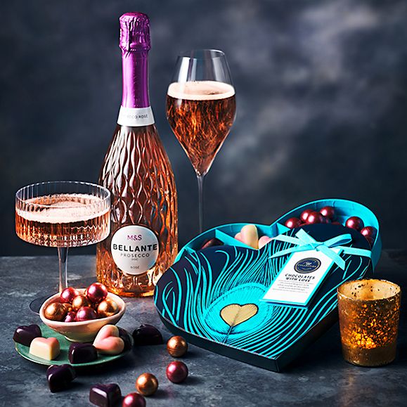 M&S Collection heart-shaped chocolate box and bottle of Prosecco