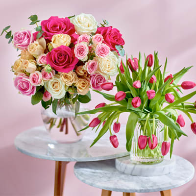 M&S bouquets of flowers - roses and tulips - on table