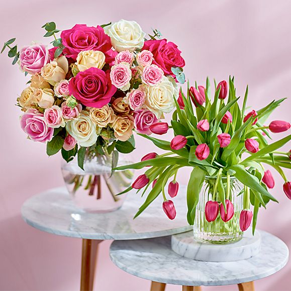 M&S bouquets of flowers - roses and tulips - on table