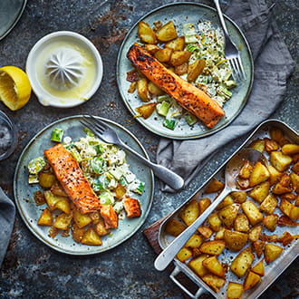 Scottish salmon with creamy leeks and crispy potatoes