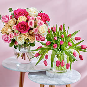 M&S bouquets of flowers - roses and tulips - on table