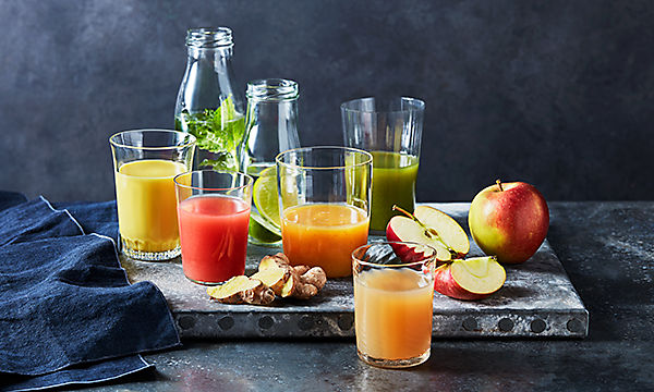 A selection of juice shots and smoothies