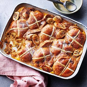 banoffee bread and butter pudding in tray