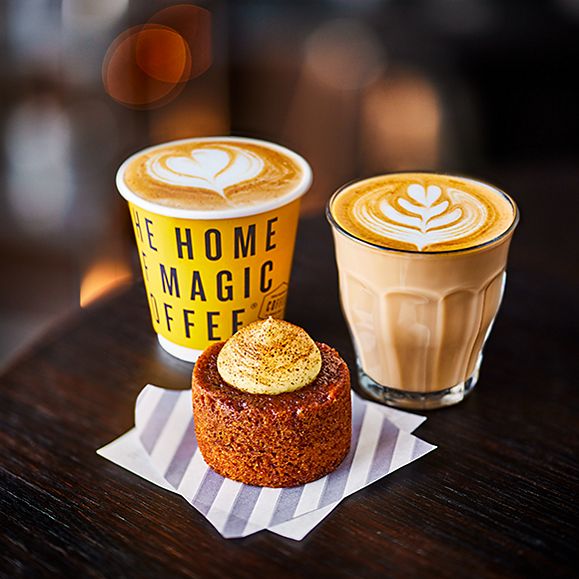 M&S Magic Coffee in glass and takeaway cup with Magic Coffee cake
