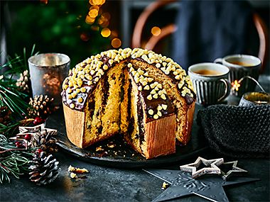 Triple chocolate panettone with slices cut away