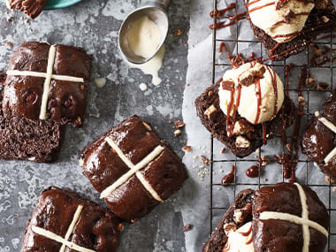 Extremely chocolatey hot cross bun ice-cream sandwiches