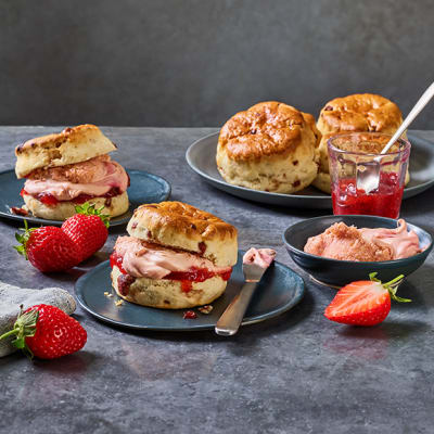 Strawberry scones with strawberry clotted cream and jam