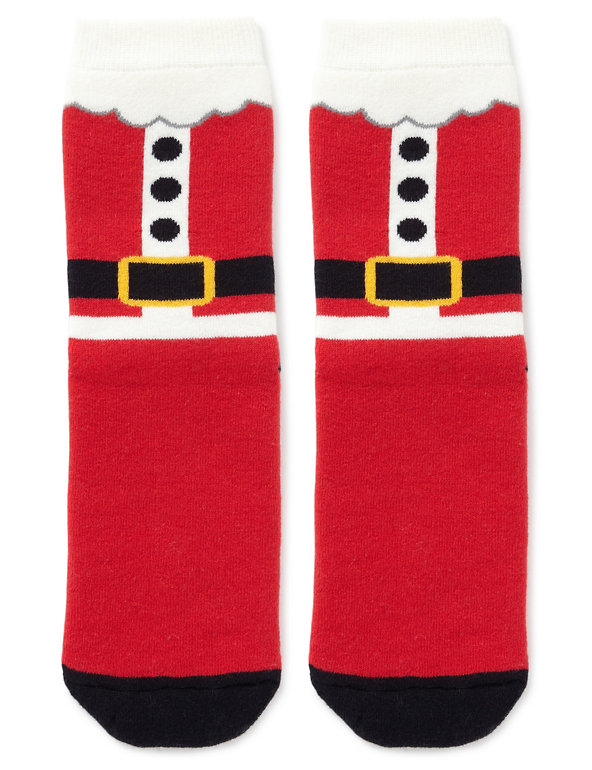 1 Pair of Cotton Rich Santa Terry Slipper Socks with Grippers (5-14 Years) Image 1 of 1